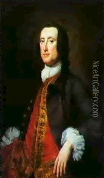 Portrait Of A Gentleman, Thought To Be Mr. Turnbull,        Half Length, In A Brown Coat (a Pair) Oil Painting - George Knapton