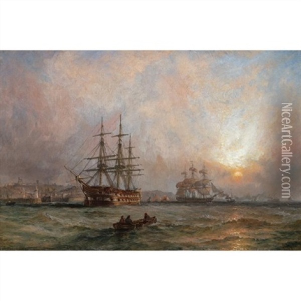 A Man Of War At Anchor Off Scarborough Oil Painting - Claude T. Stanfield Moore