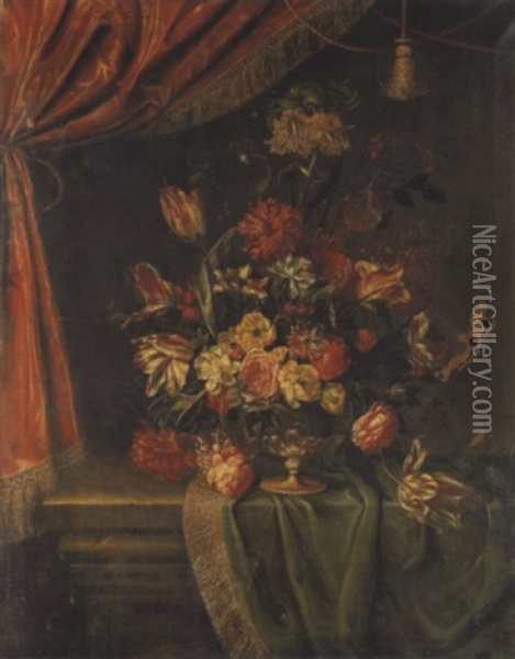 Bouquet De Fleurs Sur Un Entablement Drape Oil Painting - Jean-Michel Picart
