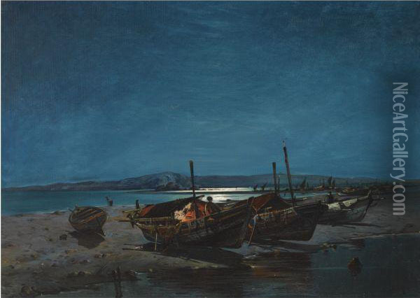 Fishing Boats By Moonlight Oil Painting - Vassilios Chatzis