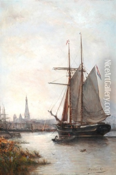 Ansicht Eines Franzosischen Hafens Mit Segelschiff Oil Painting - Paul Charles Emmanuel Gallard-Lepinay