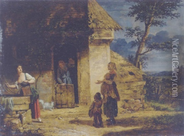 Charity: A Peasant Woman And Her Children Begging At A Cottage Oil Painting - Martin Droelling