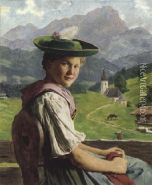 Bauernmadchen In Der Ramsau Bei Berchtesgaden Oil Painting - Emil Rau