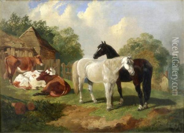 Cattle And Horses In A Stable Yard & Cattle Watering Oil Painting - Henry Charles Woollett