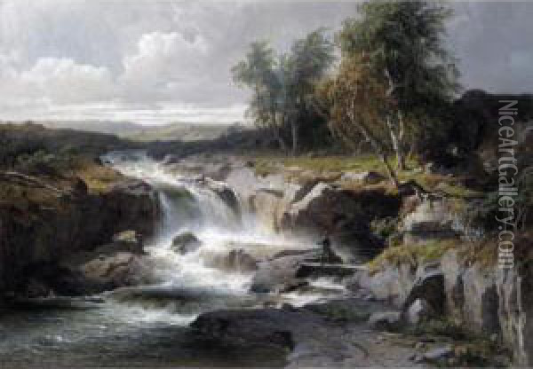 An Angler By A Waterfall Oil Painting - Edvard Bergh