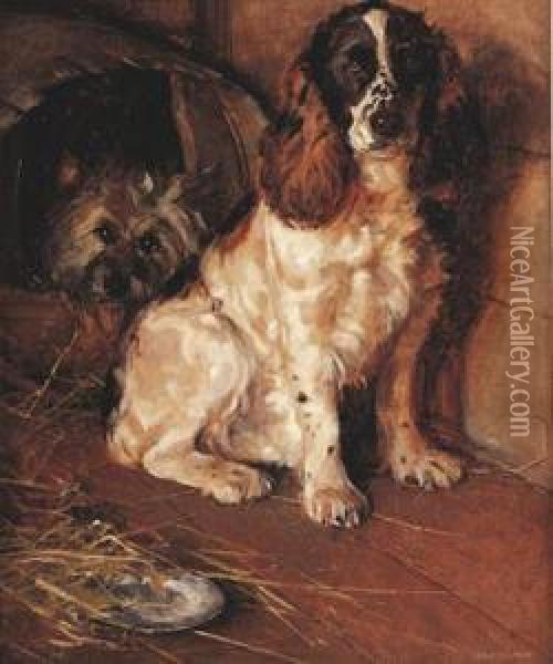 A Prize Spaniel With A Terrier In A Kennel Oil Painting - Samuel Fulton