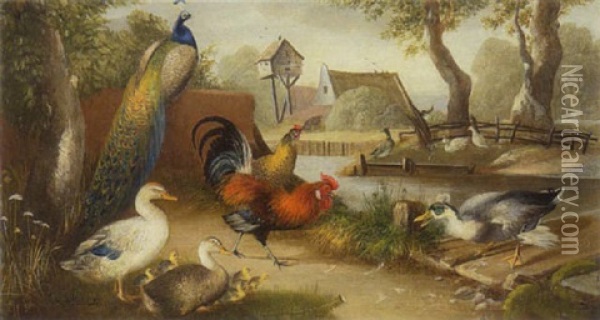 Pfau, Huhner, Hahn, Gans Und Enten Oil Painting - Julius Scheuerer