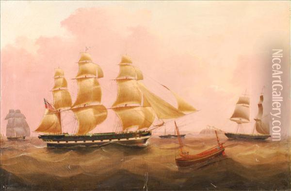The Clipper Crescent,in A Busy Shipping Scene Oil Painting - Joseph Heard