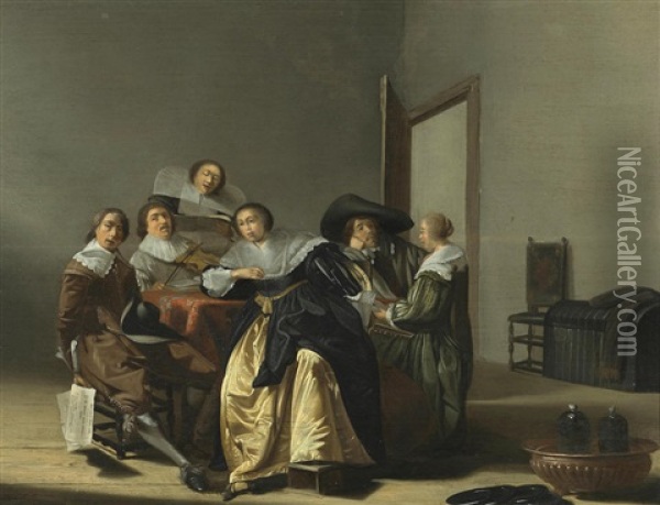 An Interior With Figures Around A Table Oil Painting - Pieter Jacobs Codde