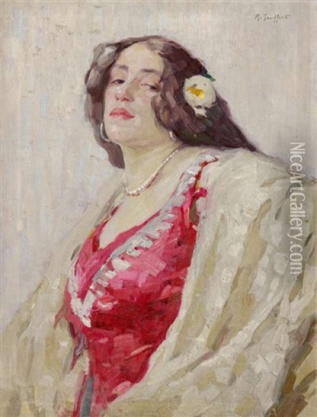 Portrat Einer Dame Mit Rose Im Haar Oil Painting - Robert Seuffert