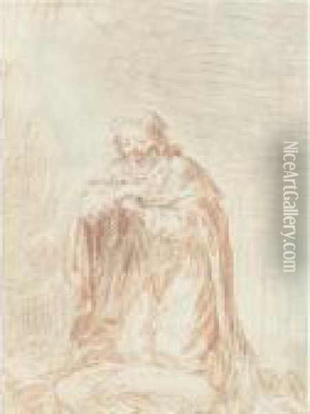 Recto: Man Kneeling In Prayer 
(saint Louis) Verso By Another Hand: Couple From Commedia Del' Arte Oil Painting - Watteau, Jean Antoine