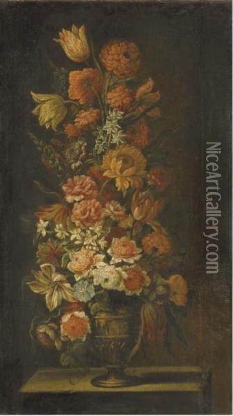 Fleurs Dans Un Vase Sur Un Entablement En Pierre Oil Painting - Jean-Baptiste Monnoyer