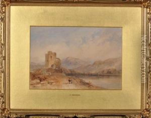 A Ruined Gateway On The Shore Of A Lake Oil Painting - Cornelius Pearson