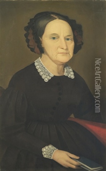 Half-length Portrait Of A Woman Wearing A Black Dress With A Lace Collar And Seated On A Red Sofa With A Book In Her Right Hand Oil Painting - Ammi Phillips