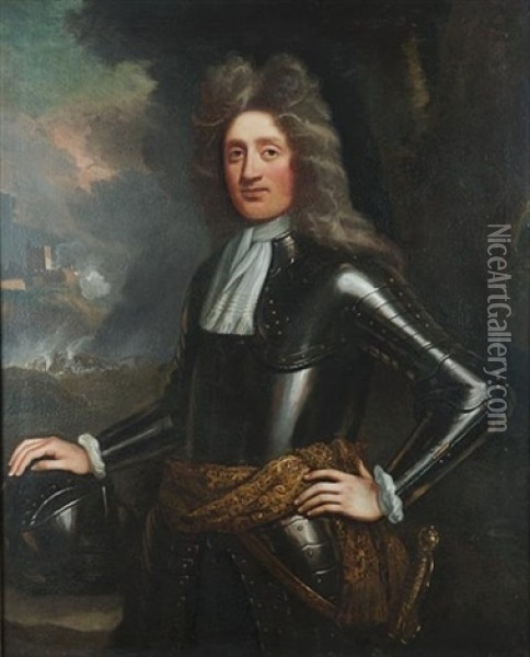Portrait Of A Gentleman, Standing Three-quarter-length, In Armour, His Right Hand Resting On A Helmet, A View To A Cavalry Battle Beyond Oil Painting - Sir John Baptist de Medina