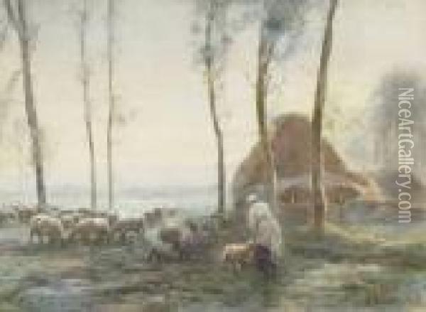 Shepherdess And Flock Oil Painting - Anton Mauve