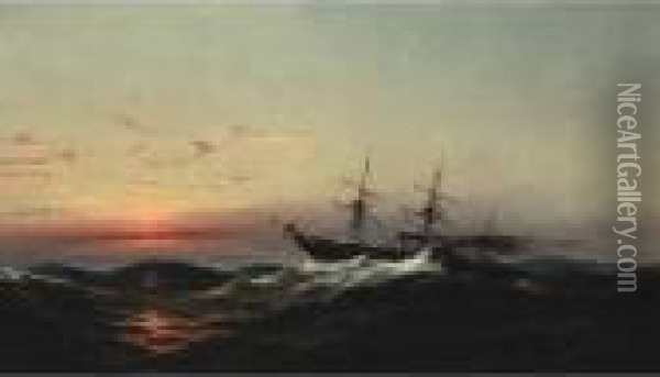 Sunset On A Rough Sea Oil Painting - James Hamilton