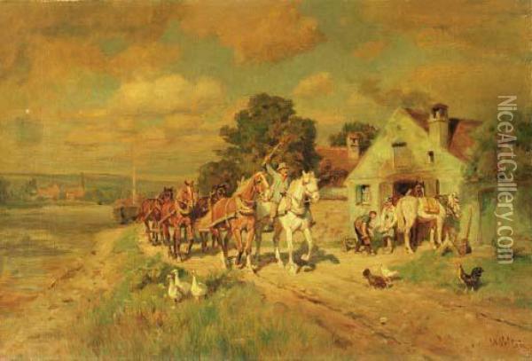 Horses On A Country Path
Oil On Canvas Oil Painting - Wilhelm Velten