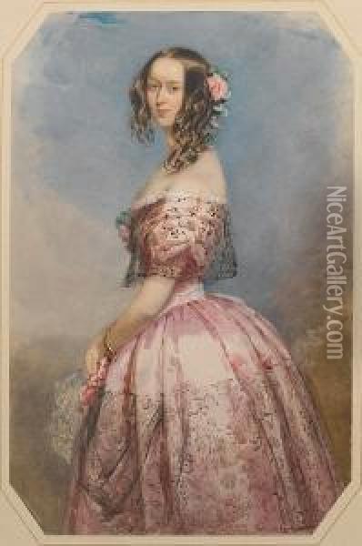 A Lady, Wearing Pink Dress, The 
Bodice Andskirt Lavishly Trimmed With Flounces Of Black Lace, Pink 
Rosecorsage And Gold Bracelet Around Her Left Wrist, Her Long Brownhair 
Dressed In Ringlets With Pink Roses And Green Leaves, Sheholds A White 
Lace  Oil Painting - Francois Theodore Rochard