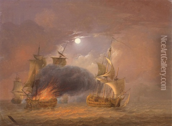A Naval Battle In Moonlight Oil Painting - Jan van Os