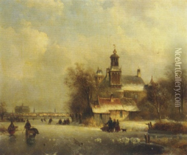 Numerous Skaters On The Ice By A Church On The Ice By A Church, A Koek And Zopie And A Sunlit Town In The Distance Oil Painting - Lodewijk Johannes Kleijn