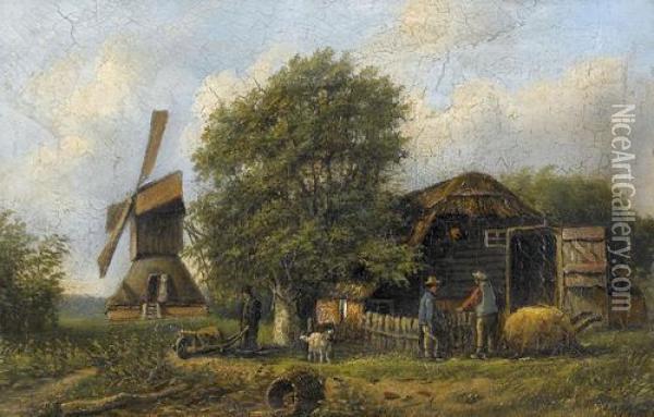 Windmuhle Bei Gehoft Mit Figurenstaffage. Oil Painting - Jan Jacob Coenraad Spohler