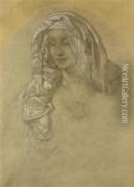 A Portrait Of A Girl Oil Painting - Alphonse Maria Mucha