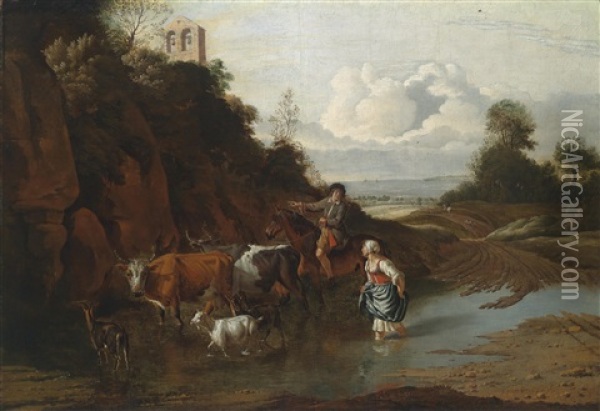 Landschaft Mit Einem Bauernmadchen, Einem Reiter Und Vieh In Einer Furt Oil Painting - Jan Siberechts
