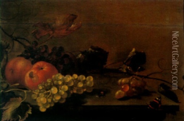 Nature Morte Aux Raisins Et Pommes Sur Un Entablement Oil Painting - Roelof Koets the Elder