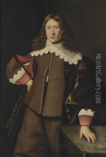 Portrait Of A Gentleman, Three-quarter-length, In A Brown Costume With Red Cuffs And A White Lace Collar, His Left Hand On A Table Oil Painting - Dirck Dircksz van Santvoort