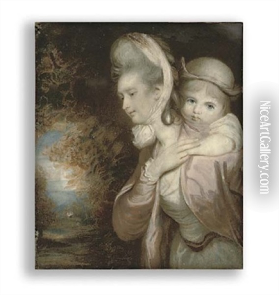 A Young Lady Carrying Her Child, She In White Dress With Pink Sash Around Her Waist, Pink Silk Coat, White Gauze Cap Tied With A Bow Under Her Chin, The Child In White, Wearing A Brown Hat Oil Painting - Samuel Shelley