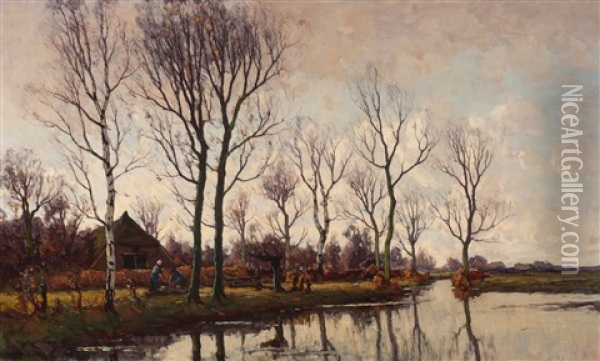 The Gathering Of Birch Wood By The Waterside Oil Painting - Paul Bodifee