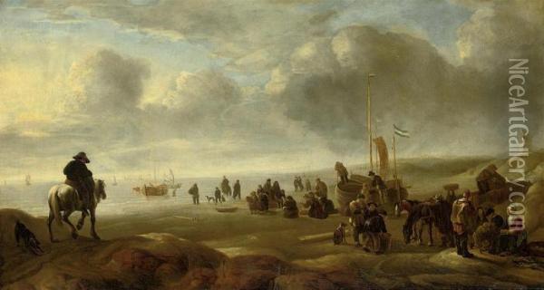 An Extensive Coastal Landscape With Fishermen On The Shore Oil Painting - Simon De Vlieger