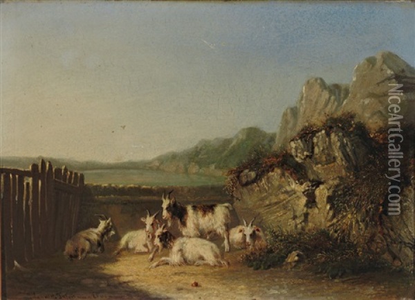Ziegenherde In Sudlicher Landschaft Mit See Und Hugeligem Horizont Oil Painting - Joseph Eduard Tetar van Elven