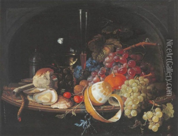Nature Morte Aux Verres De Vin, Raisins, Pipe, Coquillages, Citron Dans Une Niche Oil Painting - Abraham Mignon
