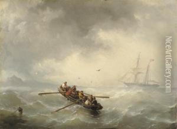 A Barge On A Choppy Sea, A Two-master In The Distance Oil Painting - Petrus Paulus Schiedges