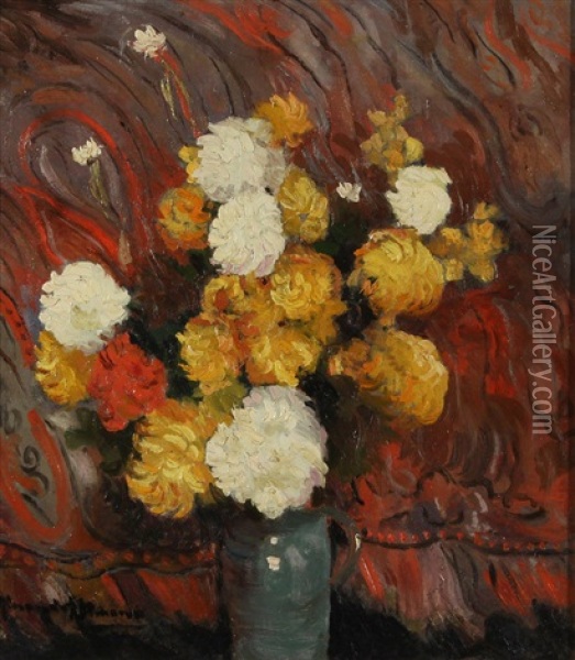 Still Life With Yellow And White Chrysanthemums Oil Painting - Alexandre Altmann