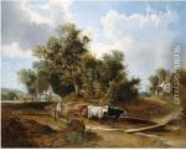 An Extensive Landscape Near Whitlingham, Norwich, With A Drover And His Cattle Oil Painting - George Vincent