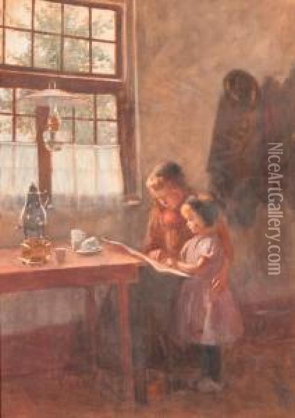 Girls Reading In An Interior Oil Painting - Heinrich Martin Krabb