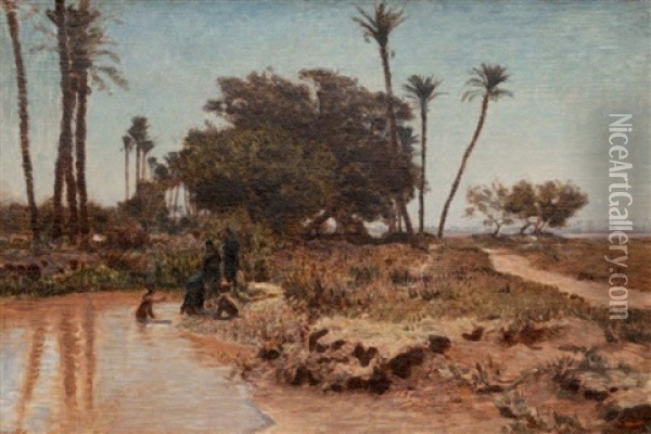 Bain Dans L'oasis. Gizeh Oil Painting - Leon Adolphe Auguste Belly