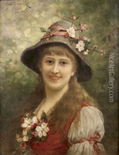 Portrait De Jeune Fille Au Chapeau Fleuri Oil Painting - Emile Eisman-Semenowsky