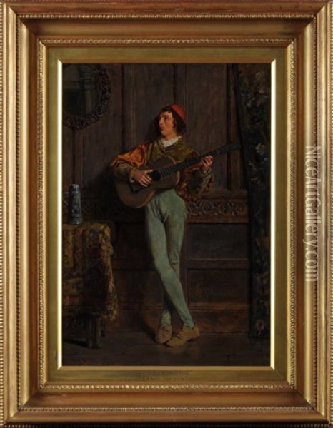 A Love Song - A Minstrel In A Panelled Interior Oil Painting - Edwin Harris