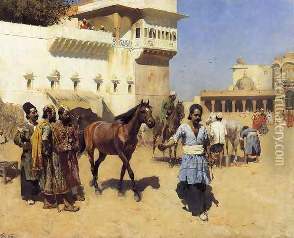 Horse Market, Persian Stables, Bombay Oil Painting - Edwin Lord Weeks
