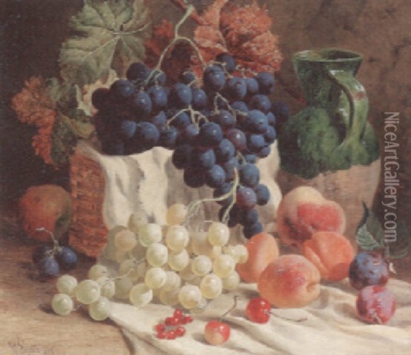 Fruit In A Draped Basket With A Water Jug Oil Painting - William Hughes