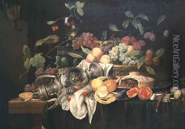 Still Life with pewter flagon, mince pie and fruit Oil Painting - Jan Frans van Son