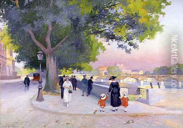 Promenade on the banks of the Seine in Paris Oil Painting - Jules Ernest Renoux