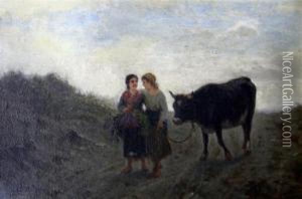Two Girls Leading A Cow Oil Painting - Luigi Steffani