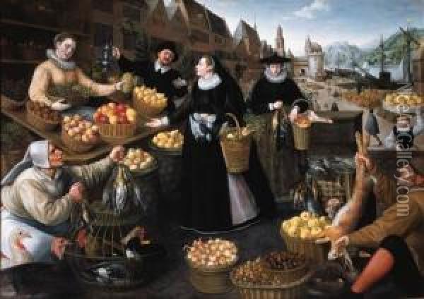 An Allegory Of Autumn: A Fruit 
And Vegetable Stall Above The Weinmarkt In Frankfurt Am Main Oil Painting - Lucas van Valckenborch