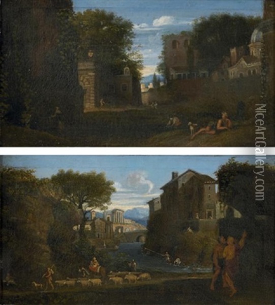 Scene Pastorale Aux Abords D'une Ville (+ Lavandieres A Une Fontaine A L'entree D'une Ville; Pair) Oil Painting - Jan Frans van Bloemen