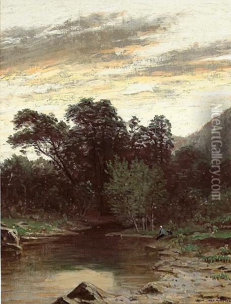 Sitting Along The River At Sunset Oil Painting - William Lewis Marple